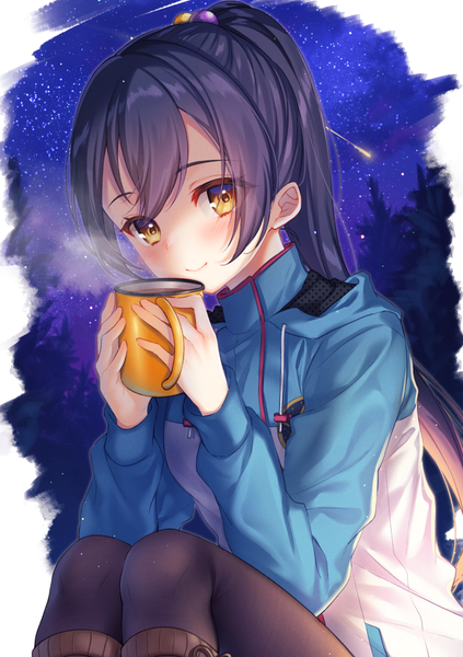 Anime picture 705x1000 with love live! school idol project sunrise (studio) love live! sonoda umi moyui (myi 005) single long hair tall image looking at viewer blush fringe smile sitting yellow eyes blue hair bent knee (knees) outdoors ponytail long sleeves night
