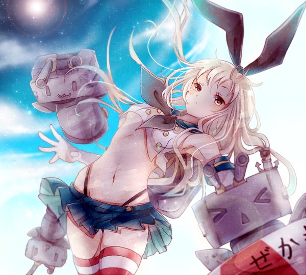 Anime picture 800x720 with kantai collection shimakaze destroyer rensouhou-chan rensouhou-kun poison916 long hair blush fringe breasts light erotic blonde hair sky cloud (clouds) no bra bare belly midriff :3 glow girl thighhighs
