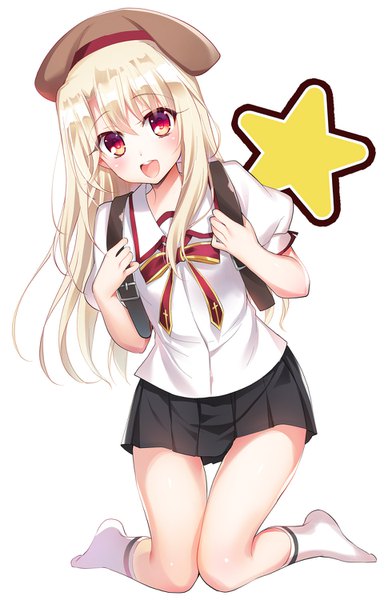 Anime picture 980x1500 with fate (series) fate/kaleid liner prisma illya illyasviel von einzbern youta single long hair tall image looking at viewer blush fringe open mouth simple background blonde hair hair between eyes red eyes white background payot :d pleated skirt short sleeves