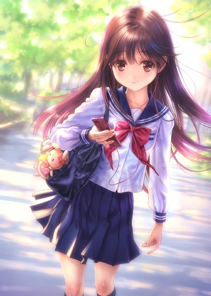 Anime picture 686x960 with original goto p single long hair tall image looking at viewer fringe brown hair holding brown eyes outdoors pleated skirt wind sunlight girl skirt uniform plant (plants) school uniform tree (trees)