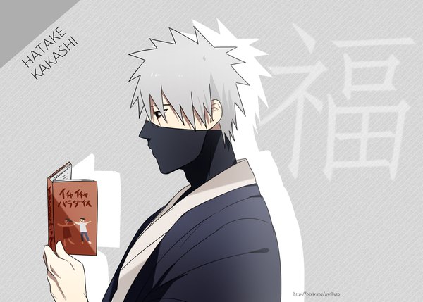 Anime picture 1538x1100 with naruto studio pierrot naruto (series) hatake kakashi ahri (will) single fringe short hair simple background hair between eyes holding signed looking away upper body traditional clothes japanese clothes profile grey hair black eyes grey background