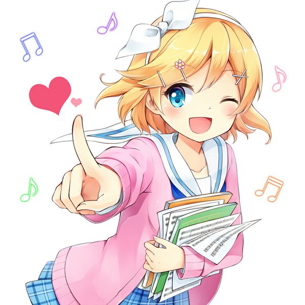 Anime picture 900x900 with vocaloid kagamine rin hazuki natsu single looking at viewer blush short hair open mouth blue eyes simple background blonde hair white background one eye closed wink outstretched arm pointing girl uniform hair ornament bow