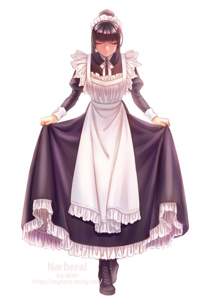 Anime picture 830x1200 with overlord (maruyama) madhouse narberal gamma aken single long hair tall image fringe black hair simple background standing white background signed payot full body ponytail blunt bangs eyes closed maid puffy sleeves