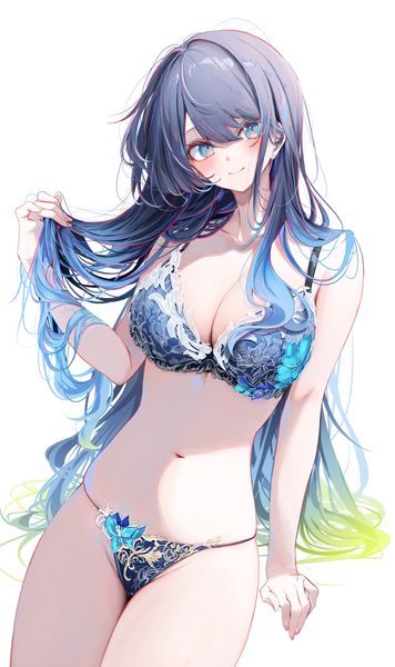 Anime picture 2431x4096 with original natsumi (komupi) komupi1013 single tall image looking at viewer blush fringe highres breasts blue eyes light erotic black hair simple background smile hair between eyes large breasts standing white background cleavage