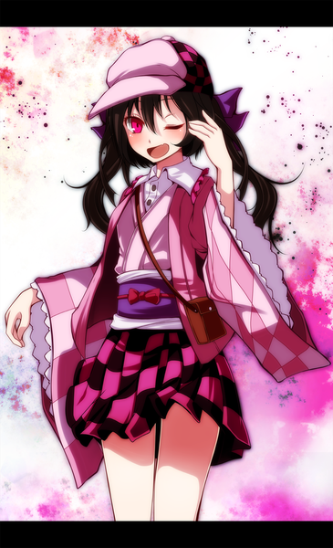 Anime picture 1217x2000 with touhou himekaidou hatate s-syogo single long hair tall image blush open mouth black hair purple eyes twintails one eye closed wink checkered skirt girl dress skirt bow hair bow bag