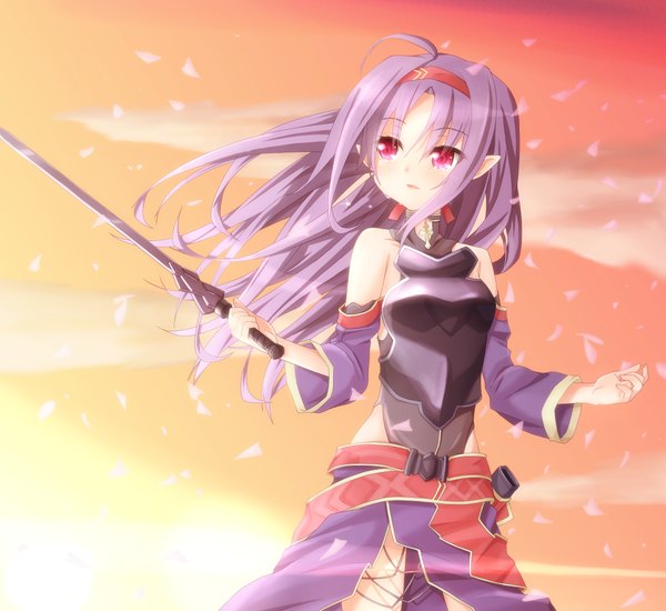 Anime picture 1122x1029 with sword art online a-1 pictures yuuki (sao) rateratte single long hair red eyes purple hair girl weapon detached sleeves petals sword hairband