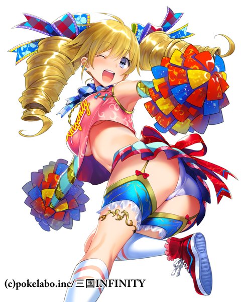 Anime picture 800x1000 with fuji minako single long hair tall image blush open mouth blue eyes light erotic blonde hair white background twintails ass one eye closed wink drill hair girl skirt underwear panties bow