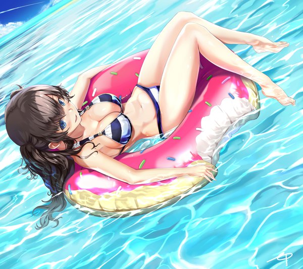 Anime picture 2025x1800 with original ep (emio parn) single long hair blush fringe highres breasts blue eyes light erotic smile hair between eyes brown hair looking away full body barefoot bare legs two side up partially submerged girl