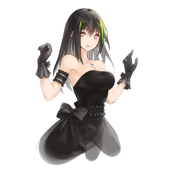 Anime-Bild 2000x2000 mit girls frontline m4a1 (girls frontline) npt (akzkfhsk0503) single long hair looking at viewer blush fringe highres breasts open mouth black hair simple background hair between eyes white background brown eyes cleavage multicolored hair two-tone hair streaked hair