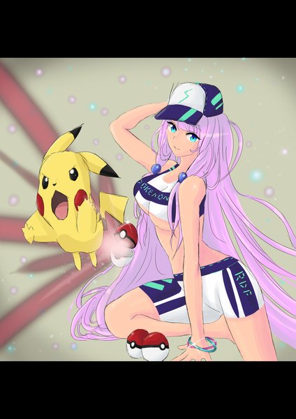 Anime picture 4961x7016 with pokemon original nintendo pikachu rainbow d fox single long hair tall image looking at viewer fringe highres breasts blue eyes light erotic simple background standing pink hair absurdres arm up underboob