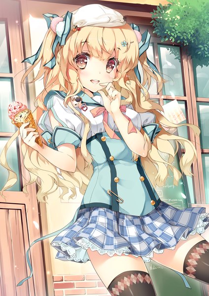 Anime picture 1060x1500 with original moe2013 miwabe sakura single long hair tall image looking at viewer blush open mouth blonde hair smile brown eyes two side up finger to mouth plaid skirt wavy hair girl thighhighs skirt hair ornament