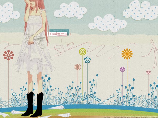 Anime picture 1600x1200 with vocaloid megurine luka yunomi (yunomi imonuy) long hair pink hair cloud (clouds) sad girl flower (flowers) boots sundress