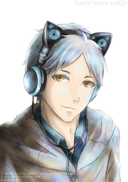 Anime picture 566x800 with haikyuu!! production i.g axent wear headphones sugawara koushi levygraph single tall image looking at viewer short hair simple background smile white background signed silver hair upper body head tilt light smile inscription mole orange eyes