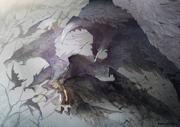 Anime picture 1223x867 with original demizu posuka single long hair looking at viewer signed braid (braids) grey hair grey background single braid flying multiple wings surreal girl dress animal wings black dress bird (birds) transparent clothing