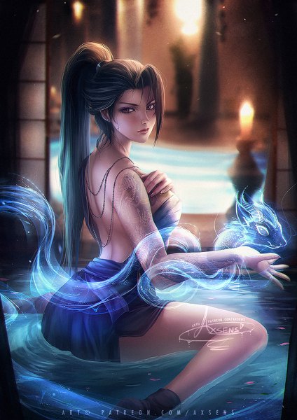 Anime picture 848x1200 with overwatch blizzard entertainment hanzo (overwatch) axsen single long hair tall image looking at viewer blush fringe light erotic brown hair sitting brown eyes signed ponytail indoors looking back realistic bare legs