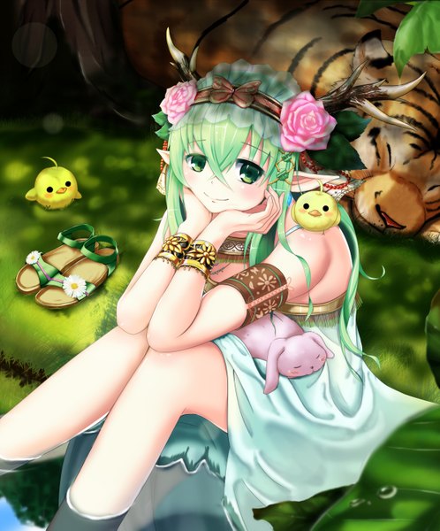 Anime picture 1200x1445 with original qixi cui xing single long hair tall image looking at viewer blush smile sitting green eyes horn (horns) green hair pointy ears girl dress flower (flowers) animal water tiger