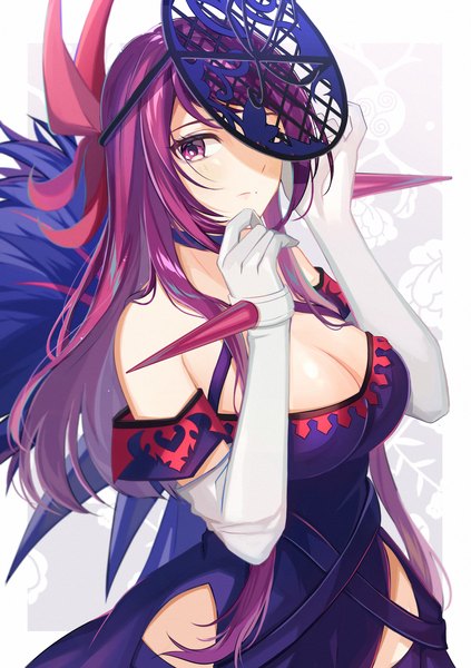Anime picture 1550x2200 with fire emblem fire emblem engage nintendo ivy (fire emblem) satoimo chika single long hair tall image looking at viewer breasts light erotic large breasts purple eyes cleavage purple hair upper body border outside border hat over eyes girl
