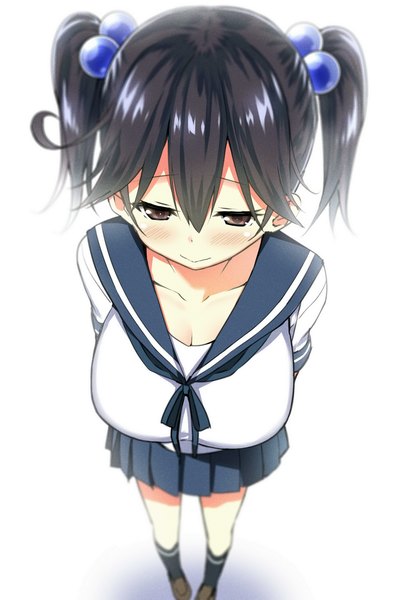 Anime picture 1200x1716 with kantai collection ushio destroyer sky-freedom single long hair tall image blush breasts light erotic black hair simple background large breasts standing white background twintails brown eyes looking away from above hands behind back girl