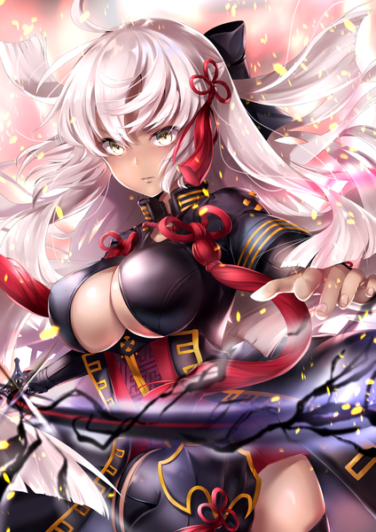 Anime picture 1191x1684 with fate (series) fate/grand order koha-ace okita souji (fate) (all) okita souji alter (fate) hane yuki single long hair tall image looking at viewer blush fringe light erotic hair between eyes standing holding yellow eyes cleavage silver hair ahoge