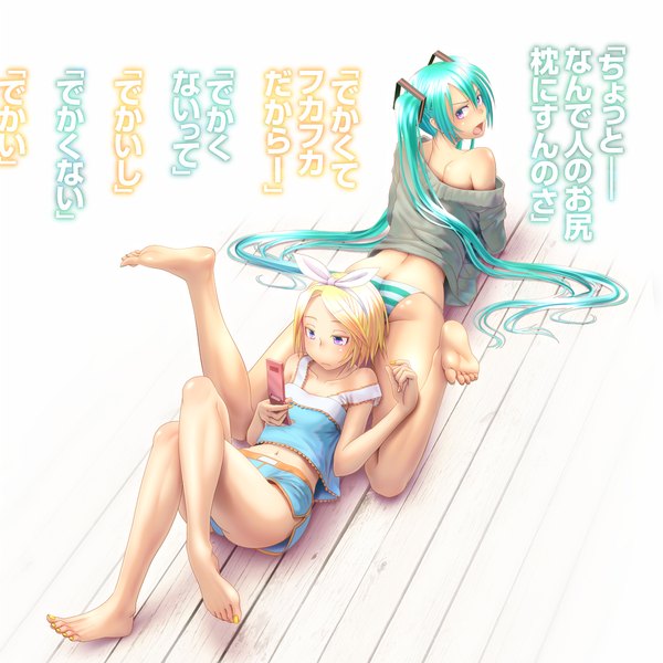 Anime picture 1080x1080 with vocaloid hatsune miku kagamine rin wokada long hair blush short hair open mouth blue eyes light erotic blonde hair twintails bare shoulders multiple girls lying nail polish looking back barefoot aqua eyes from behind