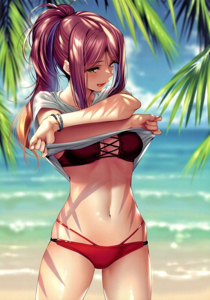 Anime picture 4235x6038 with hanikami kanojo myouga satsuki piromizu single long hair tall image looking at viewer blush fringe highres breasts open mouth light erotic hair between eyes standing yellow eyes payot absurdres sky purple hair