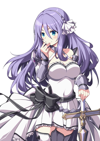 Anime picture 1243x1740 with princess connect! re:dive princess connect! shizuru (princess connect!) ribucci single long hair tall image fringe blue eyes smile hair between eyes standing looking away purple hair turning head hand to mouth girl dress weapon sword