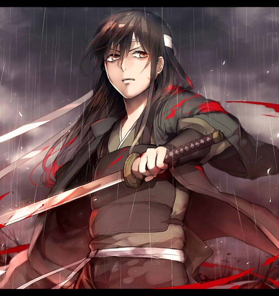 Anime picture 1188x1258 with gintama sunrise (studio) katsura kotarou ayatoki-1 single long hair tall image fringe black hair holding looking away traditional clothes orange eyes rain serious bloody clothes bloody weapon boy weapon sword