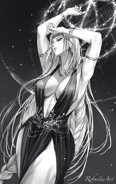 Anime picture 1292x2048 with elden ring queen marika the eternal robusta mania single tall image breasts light erotic large breasts signed yellow eyes looking away very long hair arms up monochrome spot color girl dress bracelet