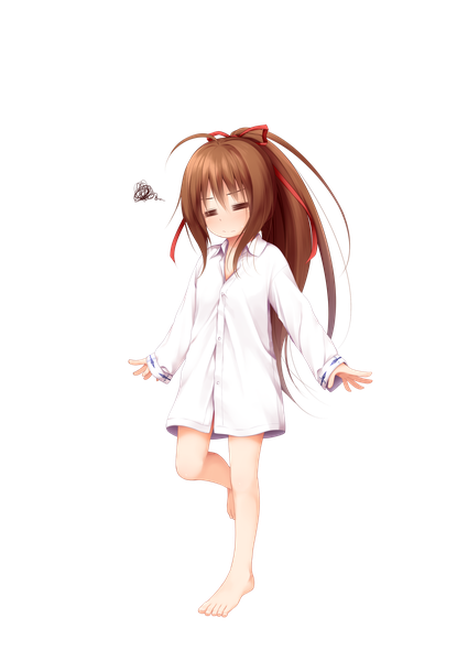 Anime picture 2507x3542 with original tachibana mion (izumi kazusa) haryuu (poetto) single long hair tall image highres light erotic brown hair standing full body ahoge ponytail eyes closed long sleeves barefoot sleeves past wrists standing on one leg transparent background open collar