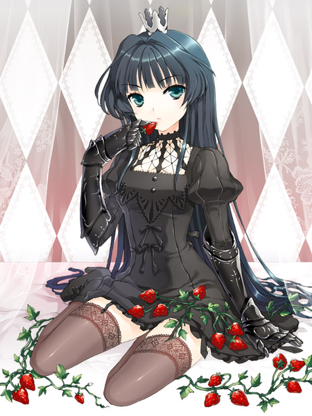 Anime picture 600x800 with original cuteg single long hair tall image looking at viewer fringe black hair sitting green eyes high heels rhombus girl thighhighs dress gloves black thighhighs black gloves food boots