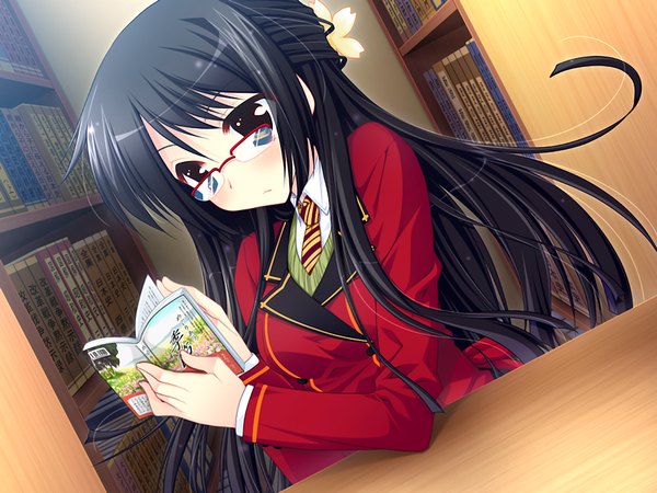 Anime picture 1024x768 with narikiri bakappuru! long hair black hair yellow eyes game cg girl glasses serafuku book (books)