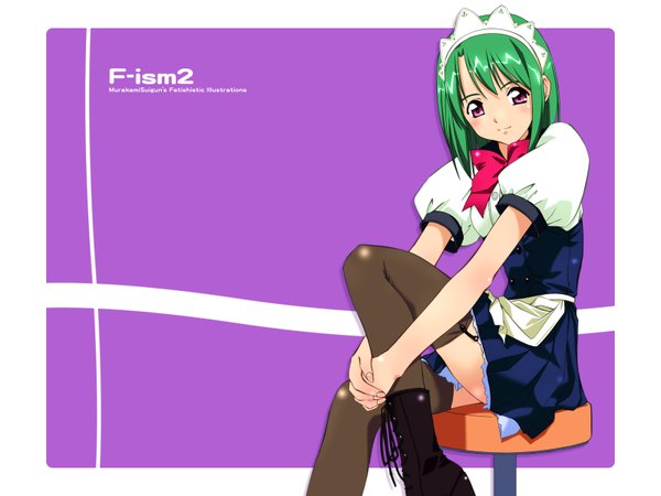 Anime picture 1600x1200 with f-ism murakami suigun green hair maid zettai ryouiki thighhighs ribbon (ribbons) boots headdress maid headdress garter straps apron chair