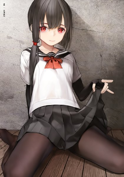 Anime picture 2529x3600 with original nyatabe single long hair tall image looking at viewer fringe highres light erotic black hair smile red eyes sitting indoors pleated skirt scan wariza floor against wall skirt hold
