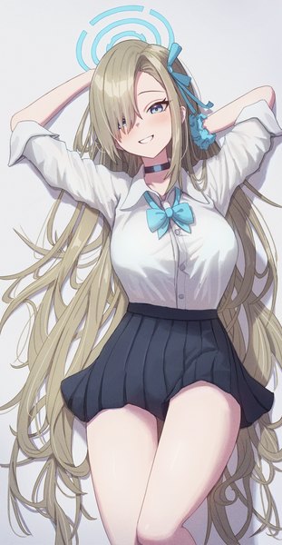 Anime picture 1950x3766 with blue archive asuna (blue archive) icetea774 single tall image looking at viewer fringe highres blue eyes blonde hair smile very long hair pleated skirt hair over one eye grin wrist scrunchie girl skirt uniform ribbon (ribbons)