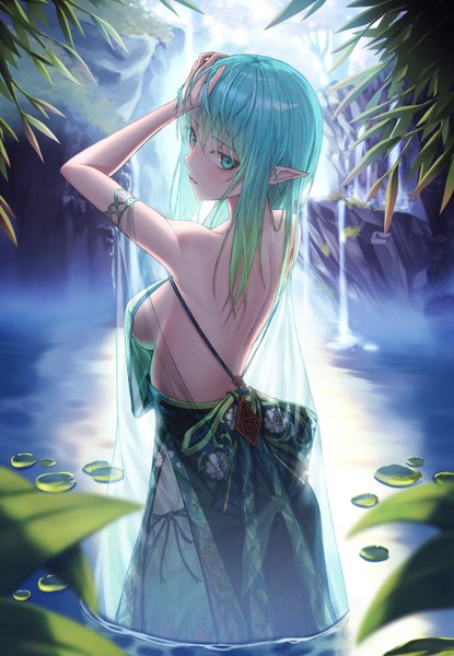 Anime picture 1106x1600 with original dlwhdals901 single long hair tall image looking at viewer blush fringe breasts light erotic standing bare shoulders outdoors traditional clothes parted lips japanese clothes looking back arm up aqua eyes pointy ears