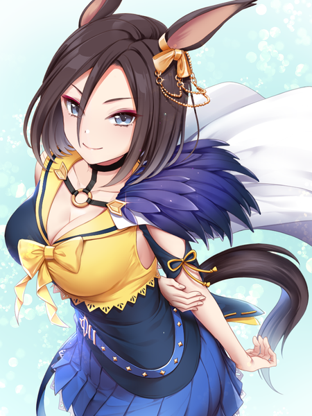 Anime picture 750x1000 with umamusume air groove (umamusume) ka-u single tall image looking at viewer short hair breasts blue eyes light erotic black hair smile large breasts animal ears cleavage tail animal tail from above horse ears holding arm