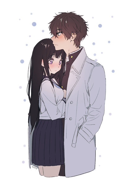 Anime picture 781x1133 with hyouka kyoto animation chitanda eru oreki houtarou mery (yangmalgage) long hair tall image blush fringe short hair black hair simple background hair between eyes brown hair standing white background purple eyes signed payot looking away