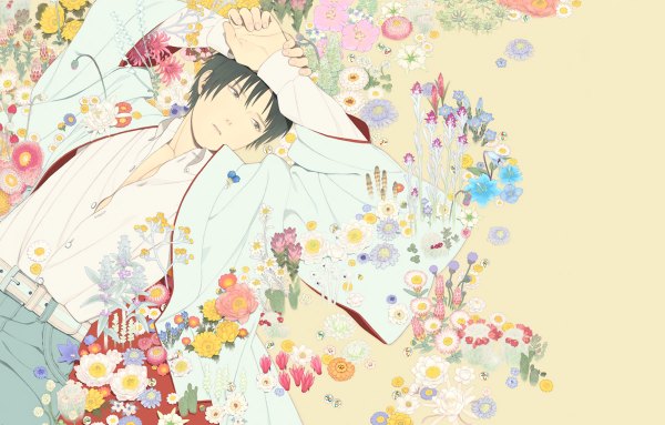 Anime picture 1200x766 with honya lala single short hair black hair brown eyes japanese clothes boy flower (flowers) shirt kimono camellia (flower)