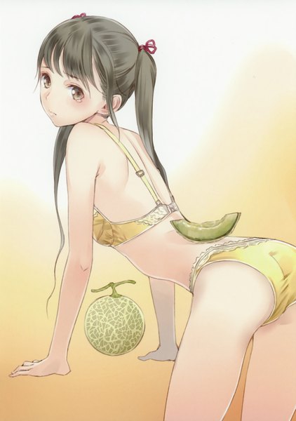 Anime picture 2461x3497 with fruits gift (artbook) kishida mel single long hair tall image blush highres light erotic brown hair twintails brown eyes underwear only tears yellow background girl underwear panties lingerie bra yellow panties