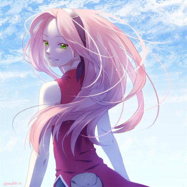 Anime picture 1050x1050 with naruto studio pierrot naruto (series) haruno sakura omochi daifuku single long hair bare shoulders green eyes signed pink hair sky cloud (clouds) upper body looking back sleeveless twitter username girl hairband