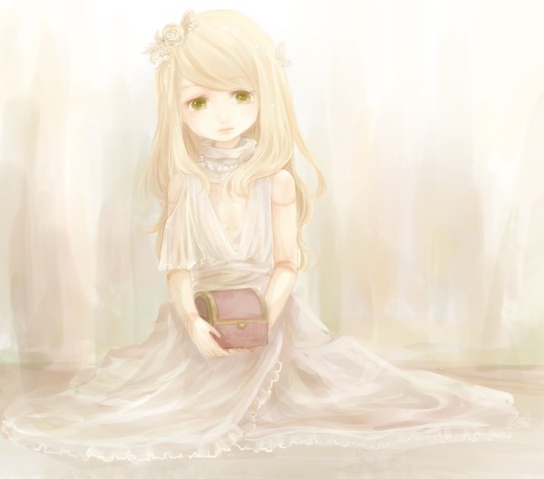 Anime picture 1200x1059 with original aka tonbo (lovetow) single long hair looking at viewer simple background blonde hair sitting bare shoulders green eyes hair flower doll joints girl dress hair ornament flower (flowers) white dress doll (dolls) casket