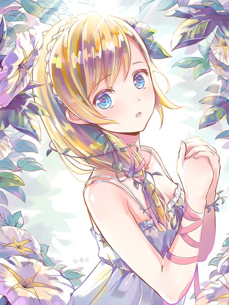 Anime picture 1000x1331 with original zhandou greymon single long hair tall image looking at viewer blush fringe open mouth blue eyes blonde hair bare shoulders braid (braids) hair flower sunlight low ponytail hands clasped girl dress flower (flowers)