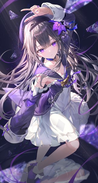Anime picture 1105x2044 with honkai: star rail honkai (series) herta (honkai: star rail) rin yuu single long hair tall image looking at viewer fringe brown hair purple eyes cleavage full body nail polish parted lips arm up hair flower fingernails from above hands in sleeves