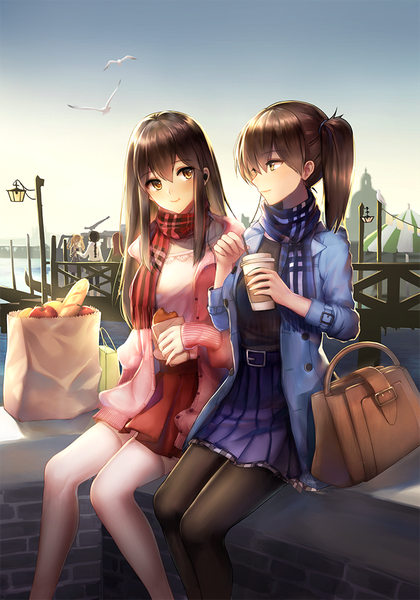 Anime picture 700x1000 with kantai collection kaga aircraft carrier akagi aircraft carrier kitakami light cruiser ooi light cruiser abukuma light cruiser mallizmora long hair tall image blush fringe smile hair between eyes brown hair sitting multiple girls holding brown eyes sky long sleeves