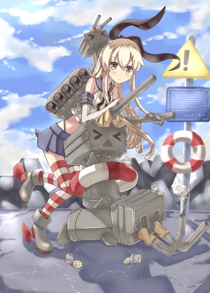 Anime picture 2454x3413 with kantai collection shimakaze destroyer hinbackc single long hair tall image looking at viewer blush fringe highres blonde hair hair between eyes standing bare shoulders yellow eyes sky cloud (clouds) full body bent knee (knees) pleated skirt