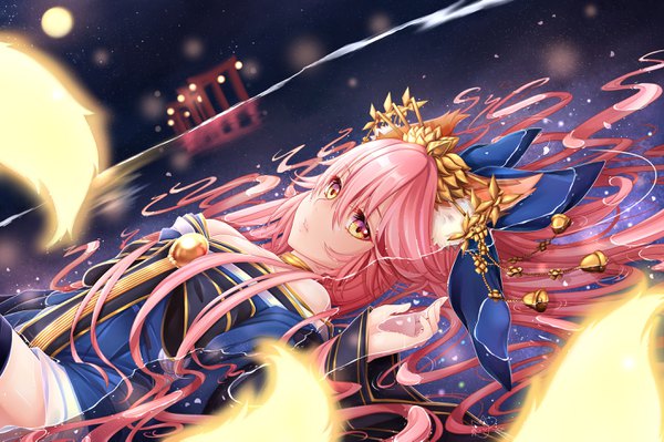 Anime picture 2840x1893 with fate (series) fate/extra tamamo (fate) (all) tamamo no mae (fate) rinminii single long hair looking at viewer fringe highres breasts hair between eyes bare shoulders yellow eyes pink hair cleavage tail animal tail partially submerged glowing