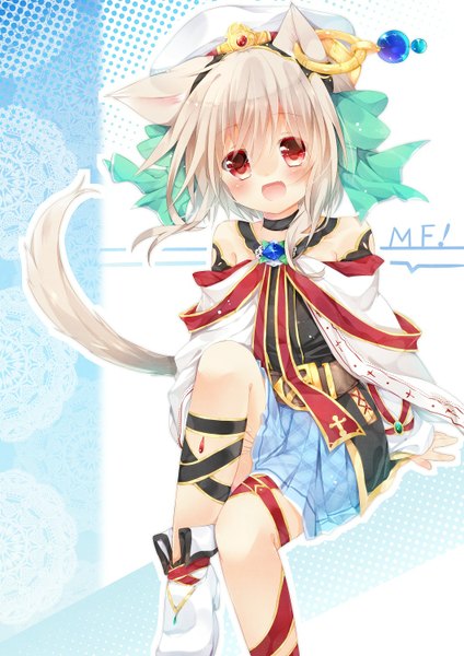 Anime-Bild 1060x1500 mit original kazeshiro kazeto single tall image looking at viewer blush short hair open mouth simple background red eyes bare shoulders animal ears tail animal tail pleated skirt grey hair cat ears inscription cat tail girl