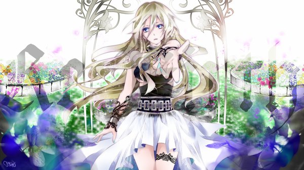 Anime picture 1200x675 with vocaloid lily (vocaloid) tyouya single long hair fringe breasts blue eyes blonde hair wide image standing bare shoulders nail polish fingernails alternate costume weightlessness girl dress flower (flowers) bracelet