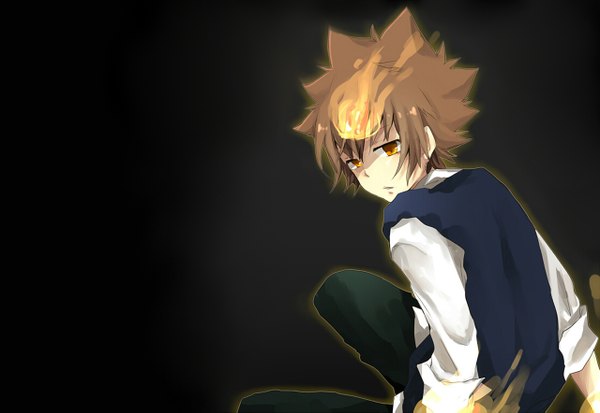 Anime picture 1280x883 with katekyou hitman reborn sawada tsunayoshi single simple background brown hair looking back from behind orange eyes black background boy pants vest fire flame