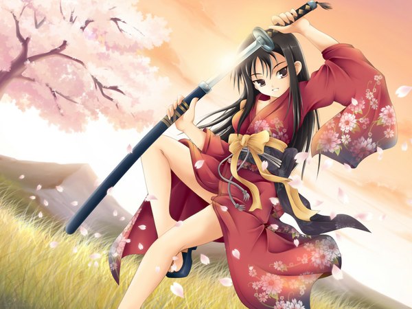 Anime picture 1024x768 with japanese clothes unsheathing sword katana sheath tagme